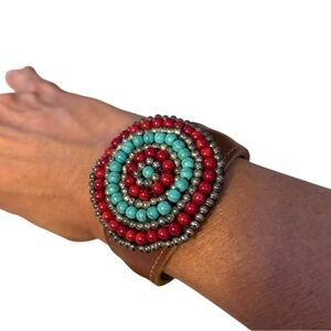 Beaded Cuff Bracelet Adjustable Band Silver, Red and Turquoise Colored Beads